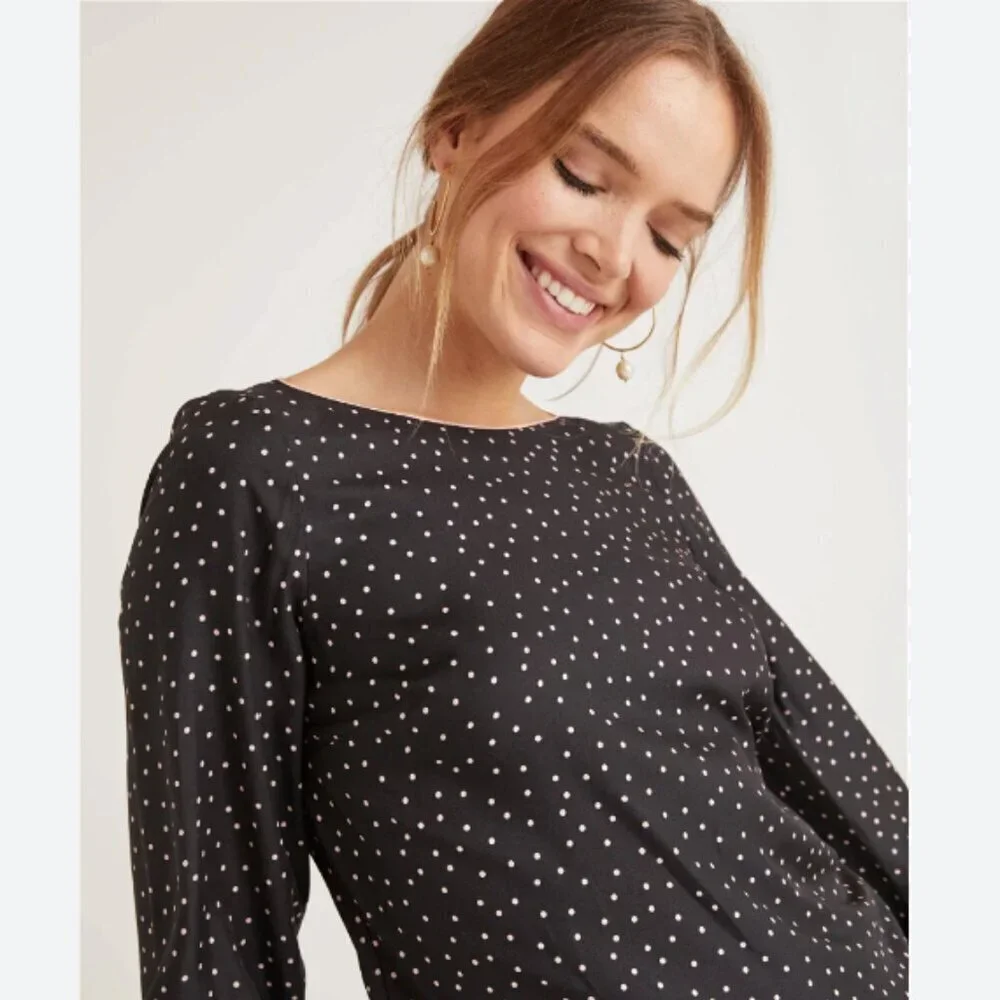 Boden 'Zada' Polka Dot Print Long Sleeve Blouse in Black/Pastel Pink Size 8